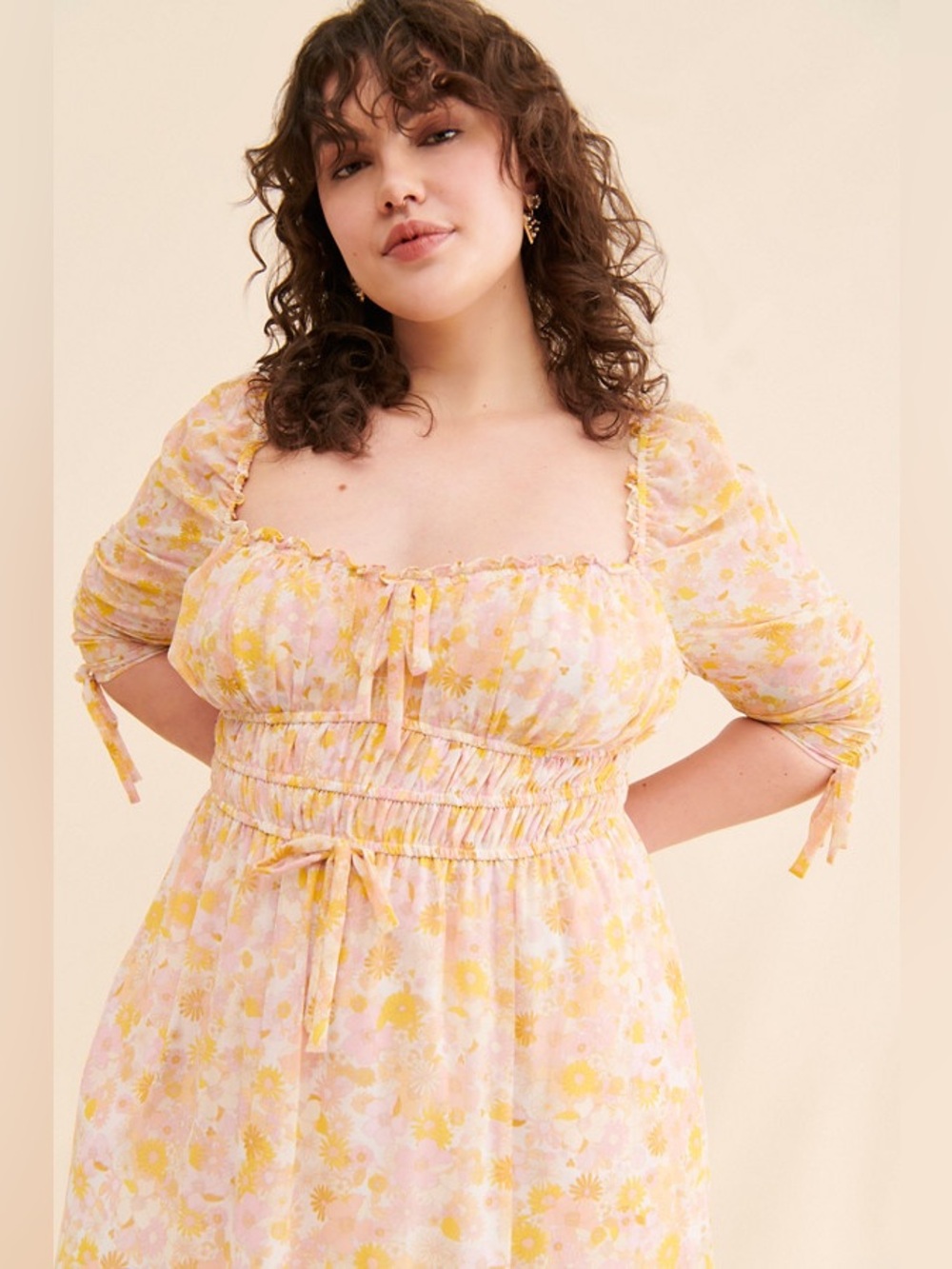 For love and lemons Eden‎ Floral Midi Dress pink yellow ruched bow sleeves XS - Picture 7 of 15